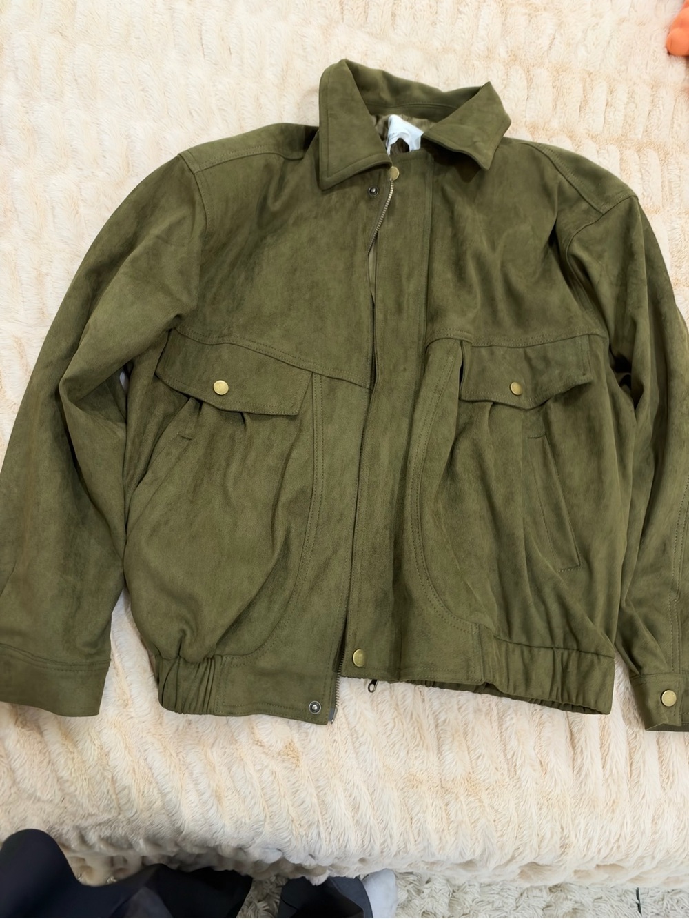 OAK + FORT DARK GREEN SUEDE JACKET